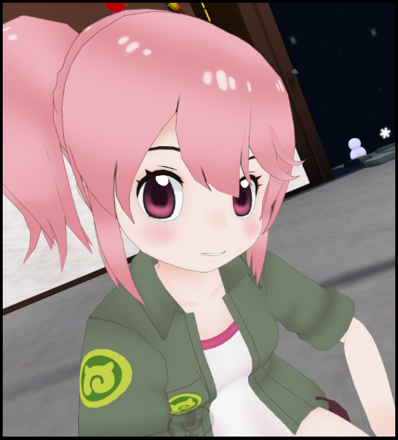 Derpmare, a pink-haired anime girl, poses for a photo.