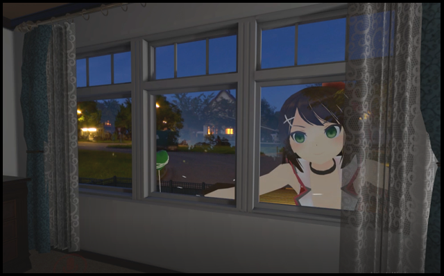 Nomic, a male anime girl, looks in through the window of an abandoned suburban house.