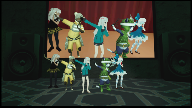 A group of VRChat citizens dancing on stage.