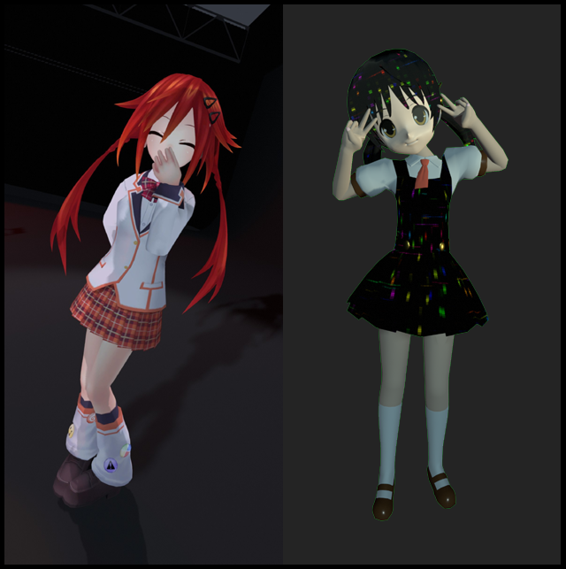Goblox, a red-haired male anime girl (left) and Snail, a dark-haired male anime girl (right).