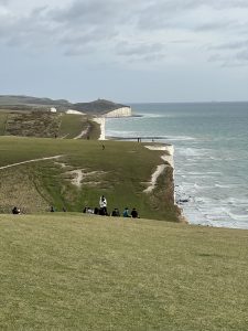 Rolling green hills above white seaside cliffs
